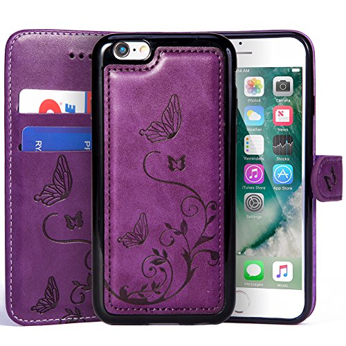 Product Cover WaterFox Case for iPhone 8/iPhone 7, Wallet Leather Case with 2 in 1 Detachable Cover, Women's Vintage Embossed Pattern with 2 Card Slots & Wrist Strap Case - Purple