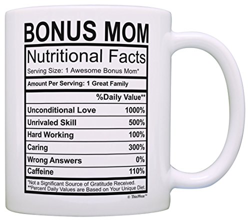 Product Cover Mothers Day Gifts for Stepmom Bonus Mom Nutritional Facts Label Funny Gifts for Stepmom Gag Gift Coffee Mug Tea Cup White