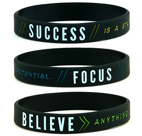 Product Cover Inkstone Success, Focus, Believe Motivational Silicone Wristbands, 6-Pack - Unisex Adult Size for Men Women