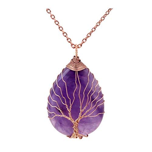 Product Cover Top Plaza Wire Wrapped Tree of Life Natural Gemstone Teardrop Pendant Necklace Healing Crystal Chakra Jewelry for Women - Amethyst
