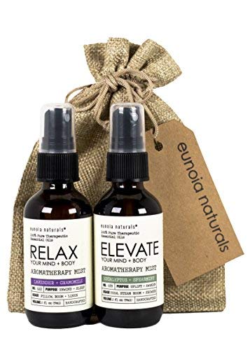 Product Cover Lavender + Eucalyptus Aromatherapy Gift Set-100% Pure Essential Oils, With Cute Gift Bag, Lavender Spray, Free 30 Min Sleep Audio, Pillow Mist, Eucalyptus Shower Spray, Eucalyptus Spray, 2Oz Glass