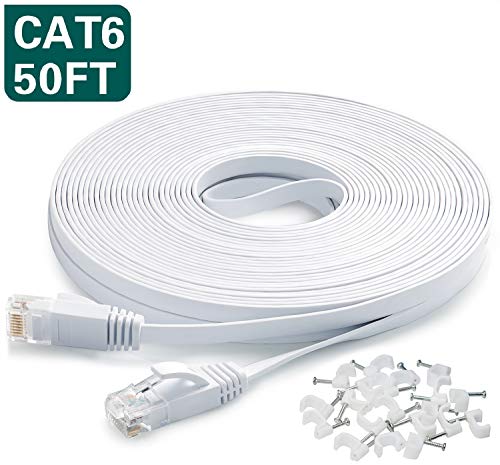 Product Cover Ethernet Cable 50 Ft,Cat6 Internet Cable Flat Network LAN Patch Cord White with Clips Snagless Rj45 Connectors,High Speed Computer Wire Faster Than Cat5e Cat5 for Ps4,Xbox,Router,Modem,Network Switch