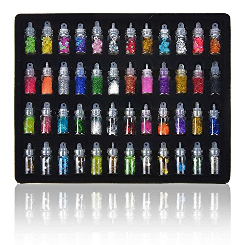 Product Cover Ajju 48 Pcs Glass Bottles 3D Nail Art Set. Glitter Sequins Rhinestones Beads Assorted Colours