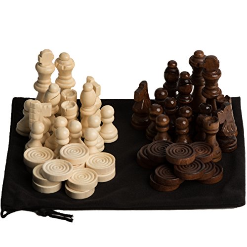 Product Cover GrowUpSmart Staunton Style Chess & Checkers Pieces Set Made of Wood in Velvet Bag - for Replacement of Missing Pieces Or If You Only Have A Chess Board