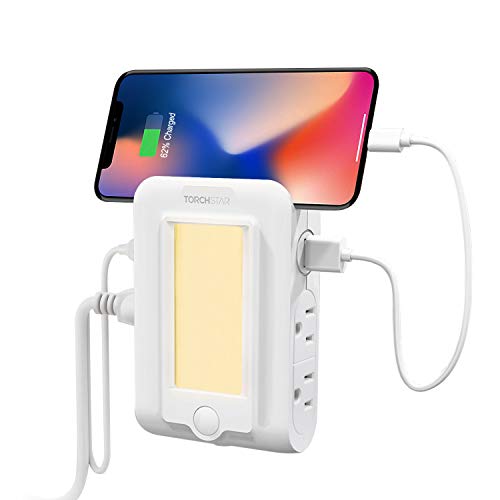 Product Cover TORCHSTAR Wall Mount Outlet with Dusk to Dawn LED Night Light, 2 USB Ports & 4 AC Outlets Charging Station, ETL Listed, Surge-Protected Power Socket Extender with Phone Holder