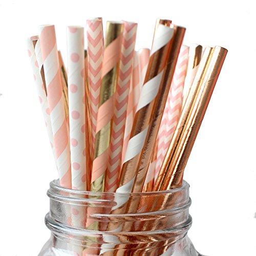 Product Cover IPALMAY 150 Pieces Rose Gold and Pink Biodegradable Drinking Paper Straws, Striped Polka Dot Chevron, 7.75 Inches