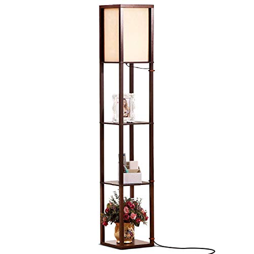 Product Cover Brightech Maxwell - LED Shelf Floor Lamp - Modern Standing Light for Living Rooms and Bedrooms - Asian Wooden Frame with Open BoxDisplay Shelves - Havana Brown