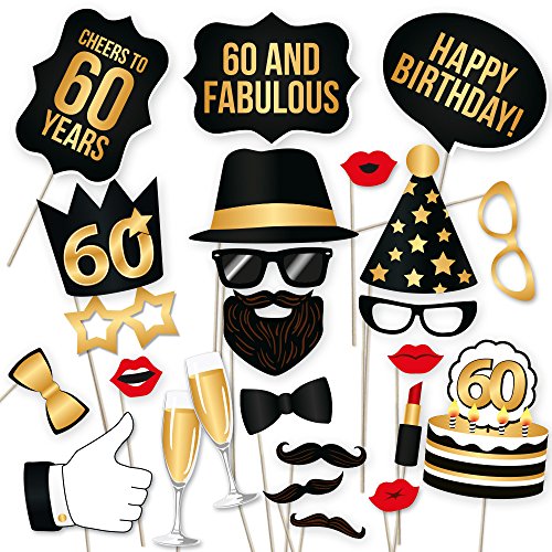 Product Cover 60th Birthday Photo Booth Props - Fabulous Sixty Party Decoration Supplies For Him and Her, Funny Sixtieth Bday Photobooth Backdrop Signs For Men And Women, Black And Gold Picture Decor - 34 Pieces