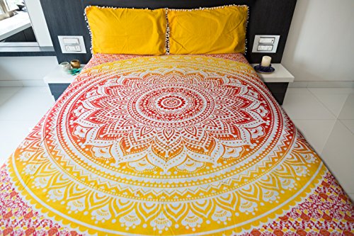Product Cover Ombre Mandala Bedspread with Pillow Covers, Indian Bohemian Tapestry Wall Hanging, Picnic Blanket or Hippie Beach Throw, Hippy Mandala Bedding for Bedroom Decor, Queen Size Sunset Hue Boho Tapestry