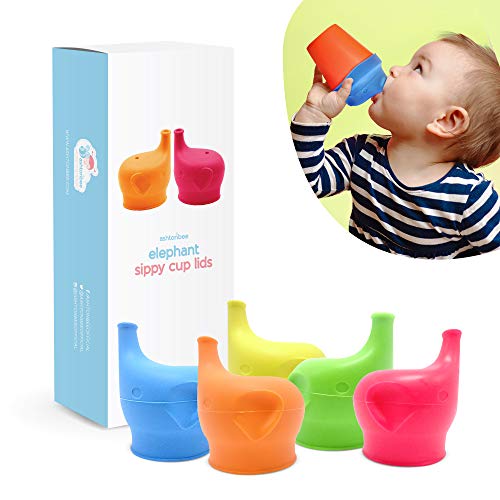 Product Cover Silicone Sippy Cup Lids (5 Pack) - Elephant Silicone Spout Makes Cup into Spill-Proof Sippy Cup for Babies and Toddlers