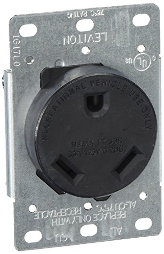 Product Cover Leviton 7313-S00 30 Amp, 125 Volt, NEMA TT-30R, 2P, 3W, Flush Mtg Receptacle, Straight Blade, Industrial Grade, Grounding Side Wired, Steel Strap-Black