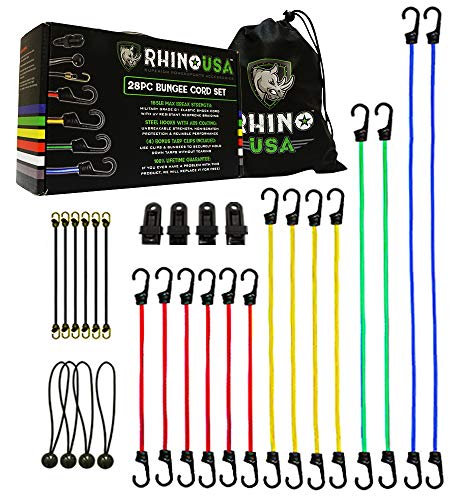 Product Cover RHINO USA Bungee Cords with Hooks 28pc Heavy Duty Assortment with 4 FREE Tarp Clips, Drawstring Organizer Bag, Canopy Ties & Ball Bungees - Highest Quality Bungie Cord Set on Amazon