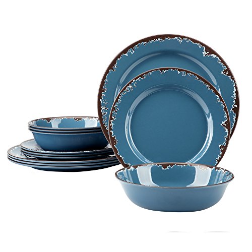 Product Cover Melamine Camping Dinnerware Set - Yinshine 12 PCS Dinner Dishes Set Service for 4, Blue