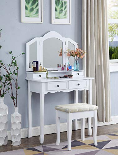 Product Cover Roundhill Furniture Sanlo White Wooden Vanity, Make Up Table and Stool Set