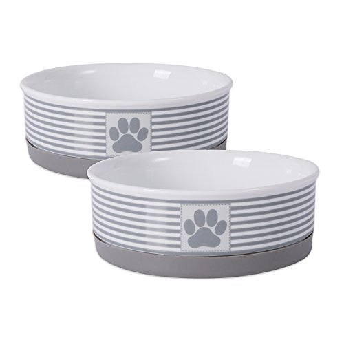 Product Cover DII Bone Dry Paw Patch & Stripes Ceramic Pet Bowl for Food & Water with Non-Skid Silicone Rim for Dogs and Cats (Medium - 6
