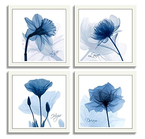Product Cover HLJ ART 4 Panels Crystal Theme Giclee Flickering Blue Flowers Printed Paintings on Canvas for Wall Decor (Blue, 12x12inchx4pcs)