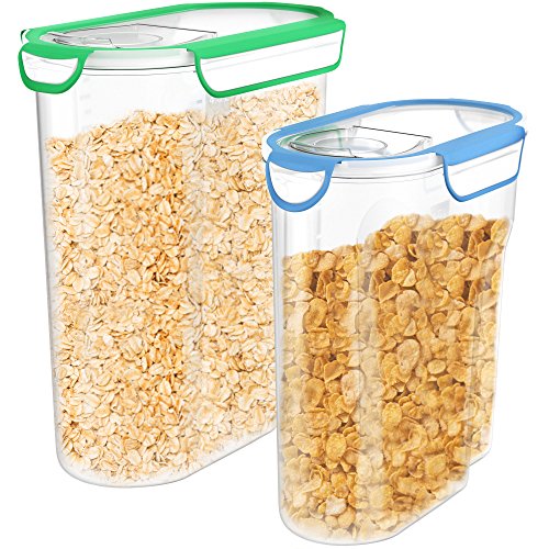 Product Cover Vremi Plastic Cereal Containers Storage Set with Lids - 2 Pack BPA Free 3L and 5 Liter Dry Food Container Set with Pour Spout and Airtight Silicone Seal Holds 12 or 21 Cups of Snacks Pasta or Pet Food