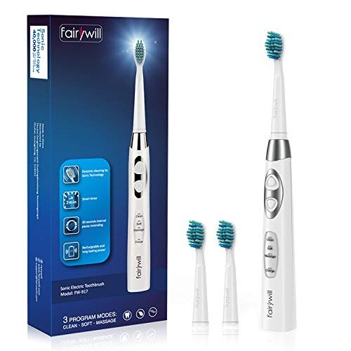 Product Cover Fairywill Electric Toothbrush Clean as Dentist Rechargeable 4 Hours Charge Minimum 30 Days Use 3 Optional Modes Waterproof for Bath and Shower 3 Replacement Heads Sonic Toothbrush (Pearl White)
