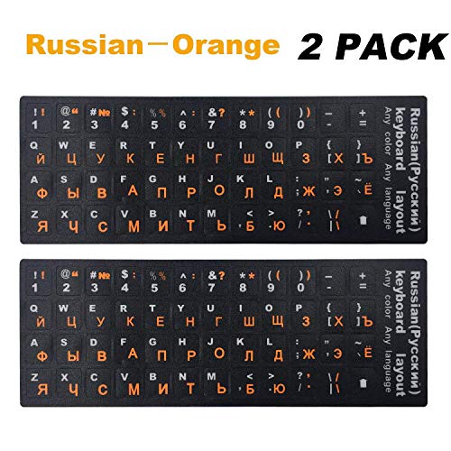 Product Cover [2PCS Pack] FORITO Russian Keyboard Stickers, Keyboard Replacement Sticker Black Background with Orange Lettering for Computer Keyboard, Each Unit Size: (Width) 0.43