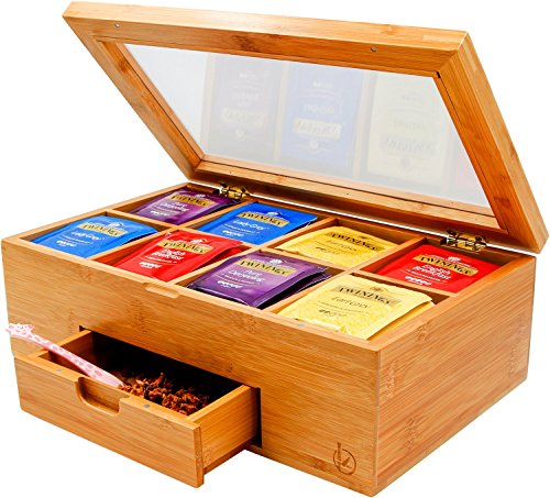Product Cover Ecbanli Bamboo Tea Box with Small Drawer, Taller Size Tea Bag Storage Organizer, Free Tea Squeezer Included