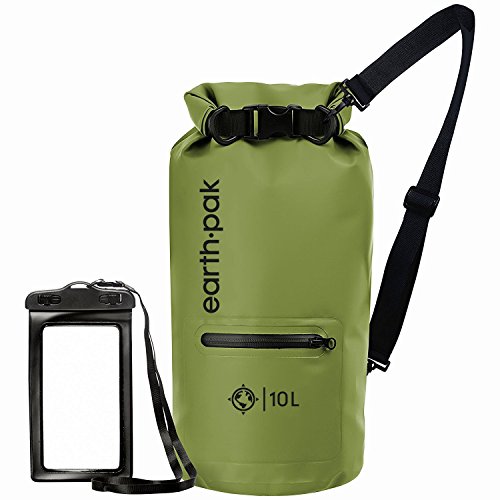 Product Cover Earth Pak- Waterproof Dry Bag with Front Zippered Pocket Keeps Gear Dry for Kayaking, Beach, Rafting, Boating, Hiking, Camping and Fishing with Waterproof Phone Case (Green, 20L)