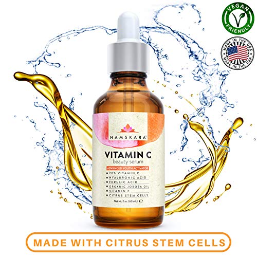 Product Cover Namskara Vitamin C 2oz Serum for Face 20% with Hyaluronic Acid, Vitamin E & Citrus Stem Cells - Best Natural Organic Anti Aging Formula to Correct Age Spots, Sun Damage, Fine Lines & Wrinkles