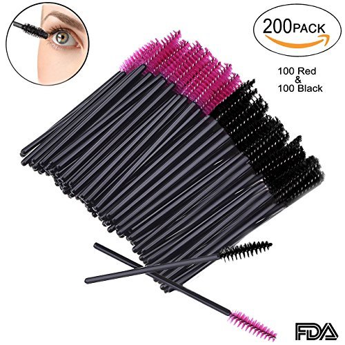 Product Cover 200 PCS Disposable Eyelash Eye Lash Makeup Brush Mascara Wands Applicator Brush Makeup Kits(Rose Red & Black)