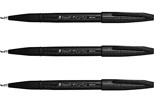Product Cover Pentel Fude Touch Brush Sign Pen (SES15C-A), Black Ink, Felt Like Stroke, Value Set of 3