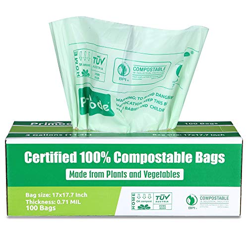 Product Cover Primode 100% Compostable Bags, 3 Gallon Food Scraps Yard Waste Bags, 100 Count, Extra Thick 0.71 Mil. ASTMD6400 Biodegradable Compost Bags Small Kitchen Trash Bags, Certified by BPI and VINCETTE