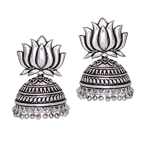 Product Cover Jaipur Mart Lotus Shape Silver Plated Oxidized Bollywood Style Alloy Metal Indian Traditional Antique jhumki Earrings for Women's/Girl's