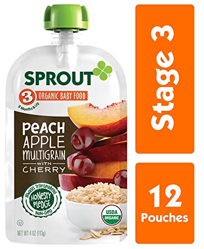 Product Cover Sprout Organic Stage 3 Baby Food Pouches, Peach Apple Multigrain w/ Cherry, 4 Ounce (Pack of 12)