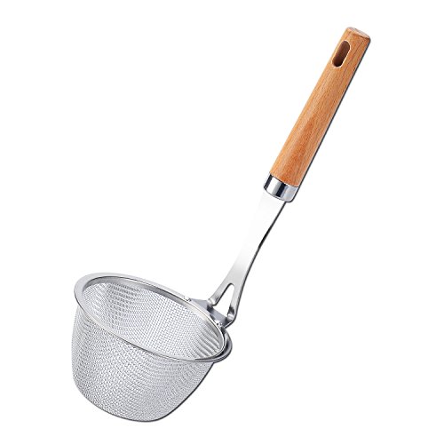 Product Cover TENTA KITCHEN Premium 18/8 Stainless Steel Mesh Spider Spaghetti Dumpling Noodle Strainer -4.3 diameter inch Basket and 8.4 inch wooden Handle