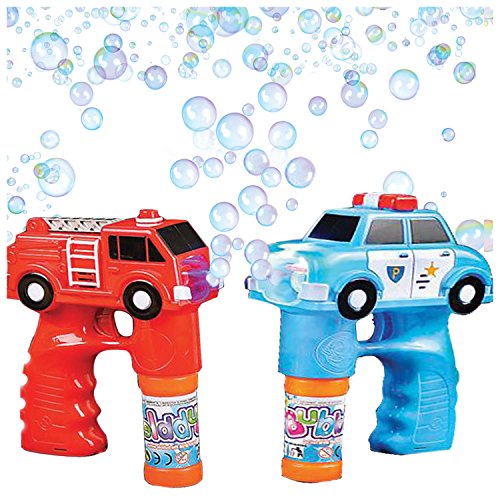 Product Cover Bubble Machine Blower Gun Fire and Police Set by Art Creativity - Flashing Light and Sound Shooter Blasters - Kids Toys - Fire Truck, Police Cruiser, 4 Solution Refills - Batteries Included