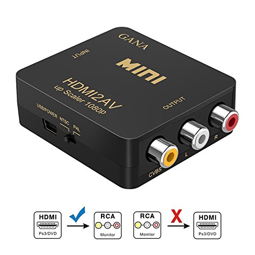 Product Cover HDMI to RCA, GANA 1080P HDMI to 3RCA CVBS AV Composite Video Audio Converter Adapter Supports PAL/NTSC with USB Charge Cable for PC Laptop HDTV DVD(Black)