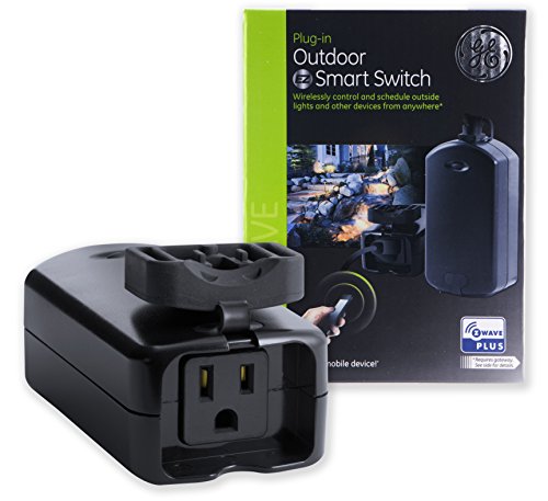 Product Cover GE 14284 Enbrighten Z-Wave Plus Smart Outdoor Switch, 1-Outlet Plug-In, Weather-Resistant, Works with Alexa, Google Assistant, for Landscape & Seasonal Lighting. Hub Required, Black