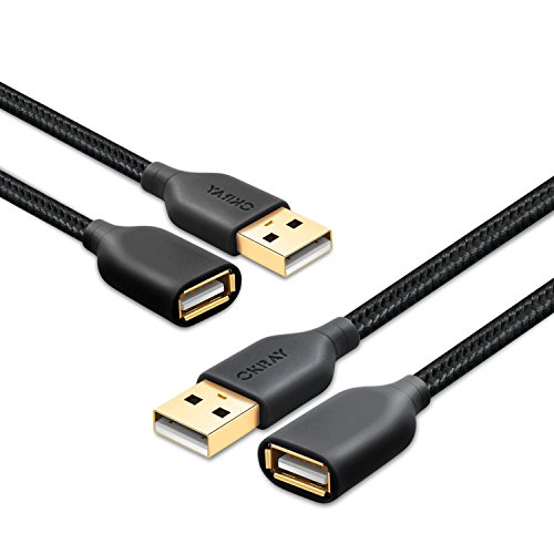Product Cover USB Extension Cable, OKRAY 2 Pack 10FT(3M) Nylon Braided USB 2.0 Extender Cable Cord - A Male to A Female with Gold-Plated Connector for USB Flash Drive, Mouse, Keyboard, Printer and More(Black Black)