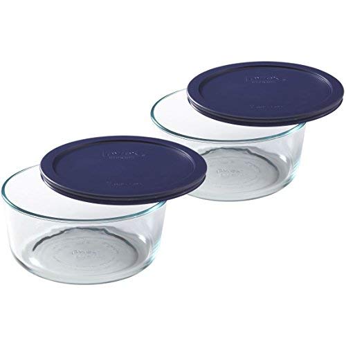 Product Cover Pyrex Storage Plus 7-Cup Round Glass Food Storage Dish, Blue Cover, Pack of 2