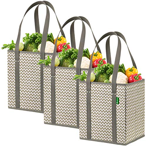 Product Cover Reusable Grocery Shopping Box Bags (3 Pack - Chevron), Premium Quality Heavy Duty Tote Bag Set with Extra Long Handles & Reinforced Bottom. Foldable, Collapsible, Durable & Eco Friendly