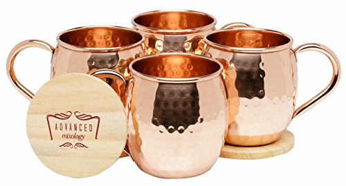 Product Cover Advanced Mixology Moscow Mule Copper Mugs - 100% Pure Copper, 16 Ounce Set of 4 with 4 Artisan Hand Crafted Wooden Coasters