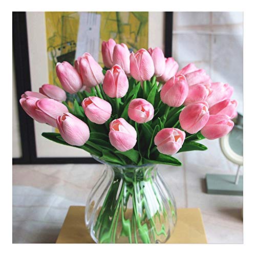 Product Cover SHINE-CO LIGHTING PU Real Touch Tulips Artificial Flowers 10 Pcs Flowers Arrangement Bouquet for Home Office Wedding Decoration (Pink)