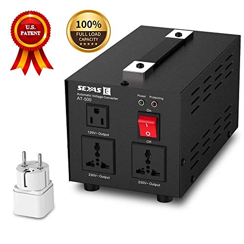 Product Cover SEYAS 500W Auto Step Up & Step Down Voltage Transformer Converter, 110-120 to 220-240 Volts, Soft Start & Full Load, 7x24hrs Continous Run, Circuit Breaker Protection, U.S. Patent No. US9225259 B2