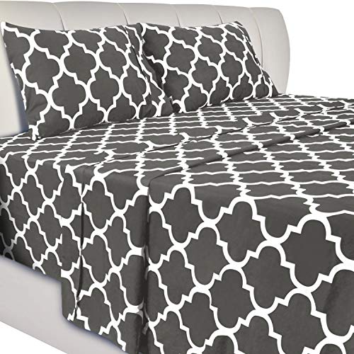 Product Cover Utopia Bedding Printed Bed Sheet Set- Soft Brushed Microfiber Fabric-Easy Care - Wrinkle, Shrinkage and Fade Resistant 4 Piece Bedding (King, Quatrefoil Grey)