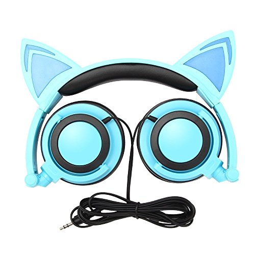 Product Cover Cat Ear Headphones,Snowwicase Flashing Glowing Cosplay Fancy Cat Headphones Foldable Over-Ear Gaming Headsets Earphone with LED Flash Light for iPhone 7/6S/iPad,Android Mobile Phone,MacBook (Blue)