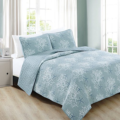 Product Cover Home Fashion Designs 3-Piece Coastal Beach Theme Quilt Set with Shams. Soft All-Season Luxury Microfiber Reversible Bedspread and Coverlet. Fenwick Collection Brand. (Full/Queen, Ether Blue)