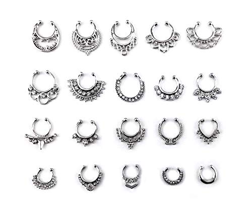 Product Cover HONBAY 20pcs Fake Septum Clicker Nose Ring Rhinestone Non Piercing Hanger Clip Body Jewelry (Silver)