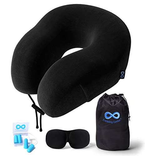 Product Cover Everlasting Comfort Travel Pillow - 100% Pure Memory Foam Neck Pillow - Includes Eye Mask and Earplugs (Black)