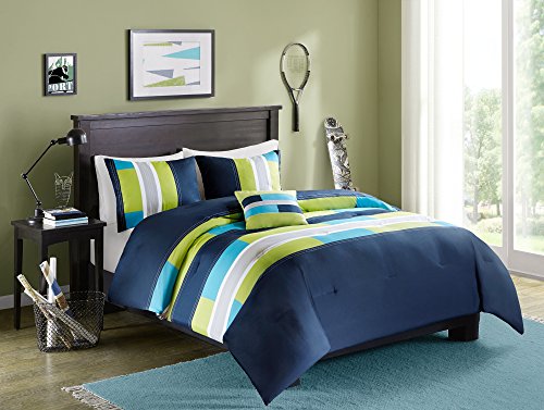 Product Cover Comfort Spaces Pierre 3 Piece Comforter Set All Season Ultra Soft Hypoallergenic Microfiber Pipeline Stripe Boys Dormitory Bedding, Twin/Twin XL, Navy Blue