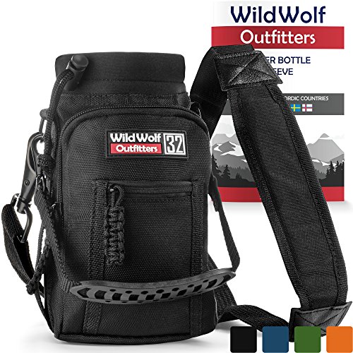 Product Cover Wild Wolf Outfitters Water Bottle Holder for 32Oz Bottles by Black - Carry, Protect and Insulate Your Best Flask with This Military Grade Carrier W/2 Pockets & an Adjustable Padded Shoulder Strap.