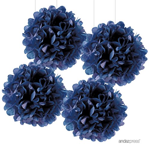 Product Cover Andaz Press Large Tissue Paper Pom Poms Hanging Decorations, Navy Blue, 14-inch, 4-Pack, Nautical Baby Bridal Shower Wedding Decorations Colored Birthday Party Supplies