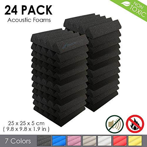 Product Cover Arrowzoom New 24 Pack of (9.8 in X 9.8 in X 1.9 in) Soundproofing Insulation Wedge Acoustic Wall Foam Padding Studio Foam Tiles AZ1134 (Black)